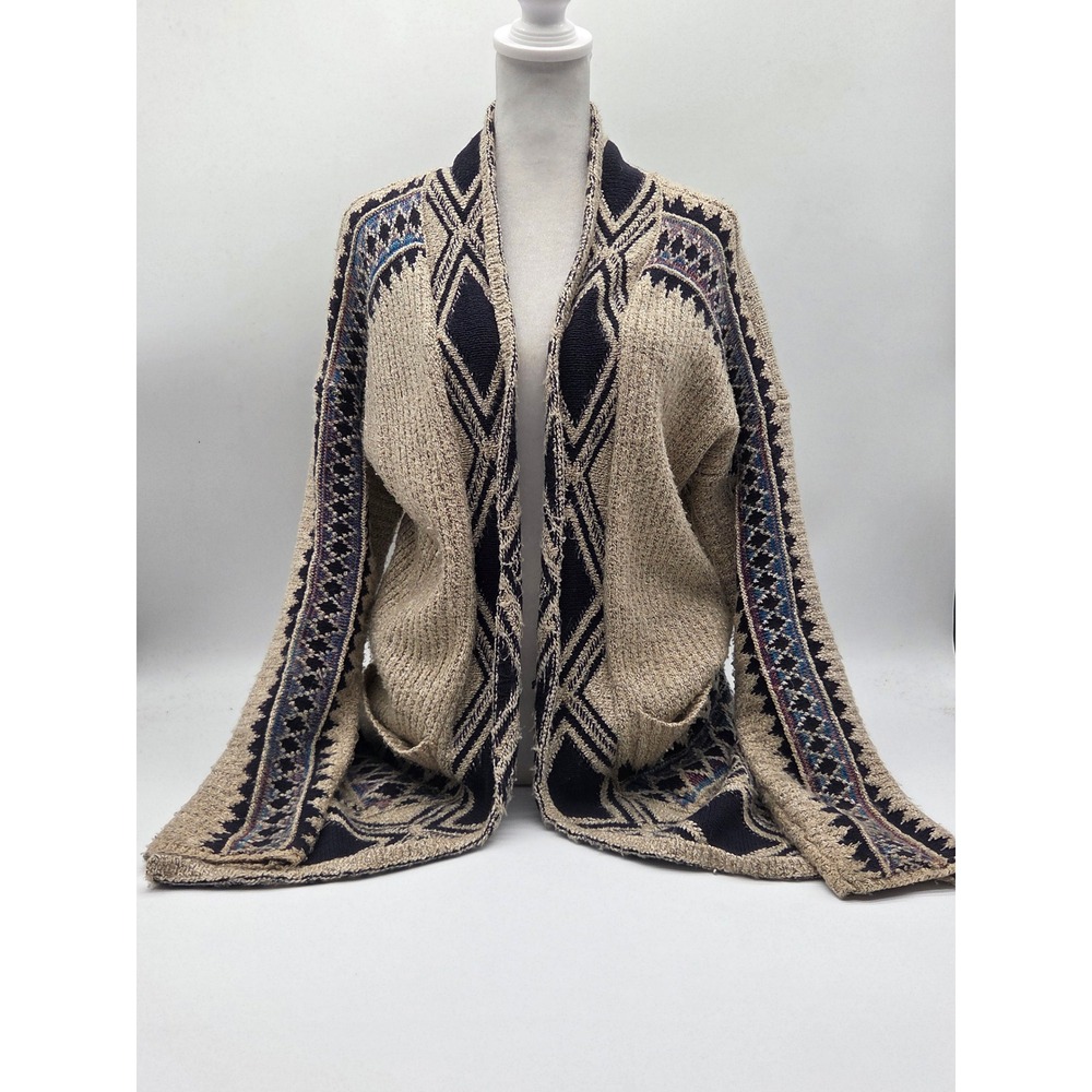 Lucky Brand S/P Beige Black Geometric Open Front Cardigan 101-898